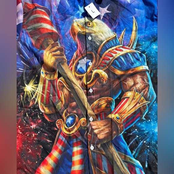 NWT Men’s Short Sleeve Button Up Patriotic, American Flag, Eagle, Large Shirt - Picture 2 of 7